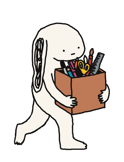 Kleiner Charakter trägt eine Tüte voller Bastelmaterialien und läuft dabei